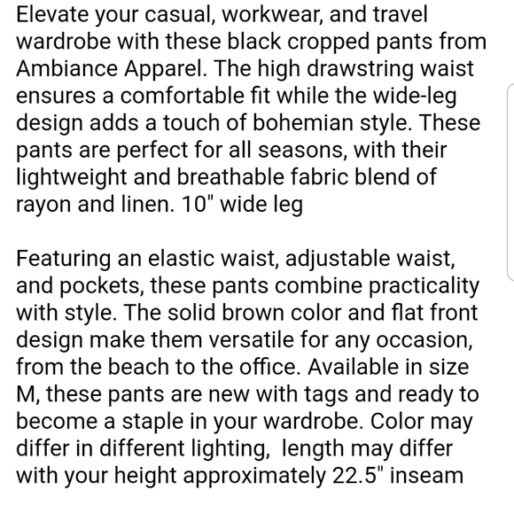 AMBIANCE Apparel High Waist Wide Leg Crop Pants Linen Blend NWT Sz.M Drawstring - Picture 6 of 8